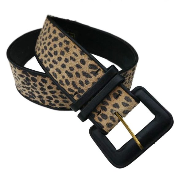 Designer Vintage 80s Wide Leather Belt Calf Hair Animal Print Earthy Wild S - Picture 1 of 8